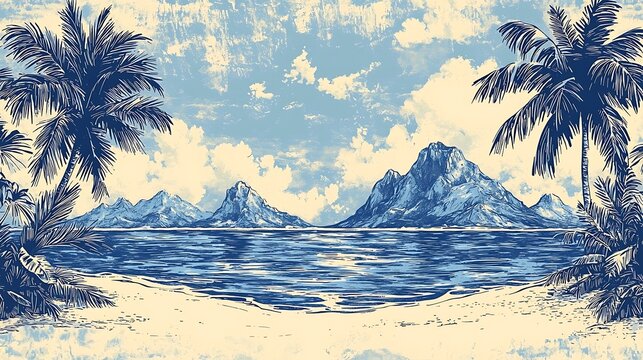 Exotic beach landscape with palm tree and mountain sunset picture