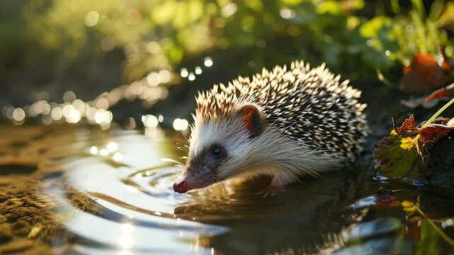 A spiky hedgehog drinking from a pond on a sunny day.