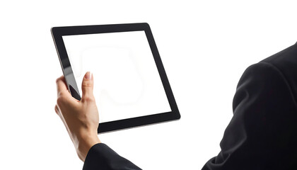 空中に浮かぶタブレットに手を伸ばすビジネスウーマンのデジタル操作イメージ ｜背景なし・透過PNG・コピースペース