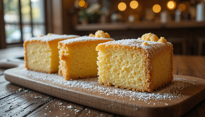Delicate golden sponge cake slices, exquisitely presented on a rustic wooden board with a dusting of powdered sugar and creamy dollops, capturing a cozy cafe ambiance