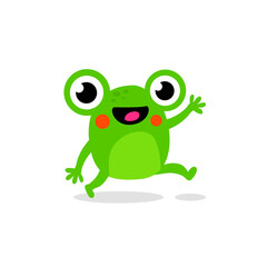 Happy Green Frog Cartoon Character Waving and Jumping, Playful Kids’ Mascot Illustration