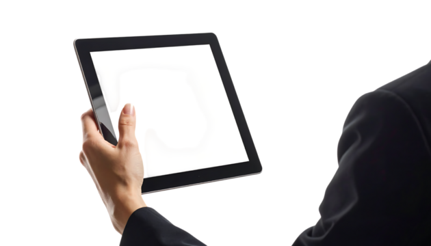 空中に浮かぶタブレットに手を伸ばすビジネスウーマンのデジタル操作イメージ ｜背景なし・透過PNG・コピースペース