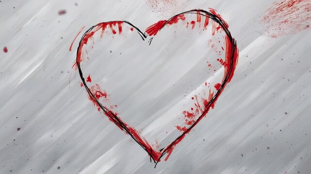 A red, hand-drawn heart is pierced with a red arrow on a splattered white background