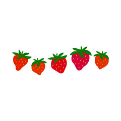 Five Fresh Strawberries in a Row with Green Leaves on White Background