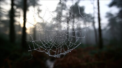 Intricate spider web covered in dew in misty forest setting
