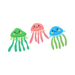 Whimsical Jellyfish Friends From The Ocean, Colorful, Playful, And Smiling Together