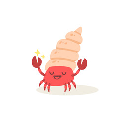 Obraz premium Cute Cartoon Hermit Crab With Swirled Shell Raising Claws On Sand Beneath Sunny Beach Vibes