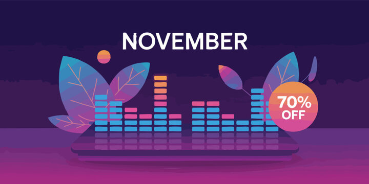 Graphic with November text atop audio visualizers and leaves promoting 70 off in a circular burst design