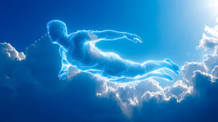 A glowing figure of a man calmly swimming in a relaxed diagonal position, surrounded by bright white clouds under a clear blue sky