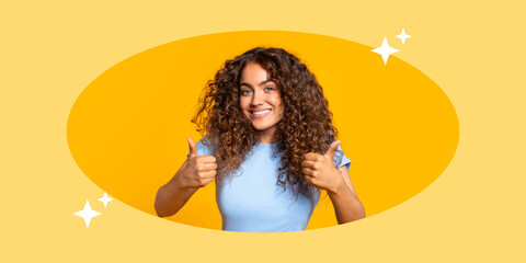 A young woman with curly hair smiles and shows two thumbs up, radiating positivity and happiness. The bright yellow background enhances the cheerful atmosphere of the scene.