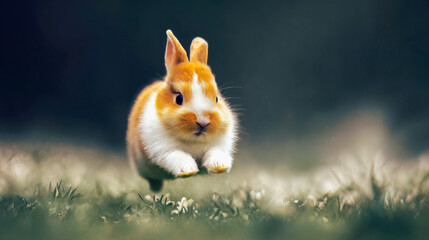 A small rabbit jumping on a grassy background