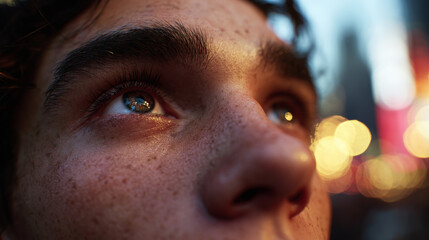 Close-up portrait of a young man looking up with obvious surprise