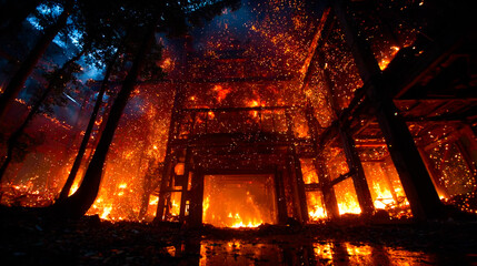 Falling fire in a warehouse