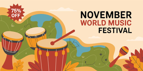 Illustration of musical instruments drums maraca leaves with November World Music Festival and 75 Off text overlays