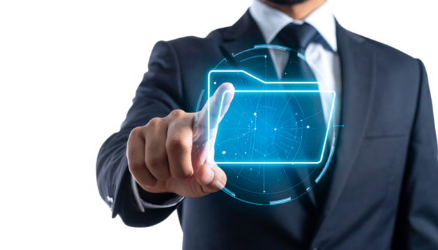 デジタルフォルダに触れる手で示すクラウド管理イメージ｜背景なし・透過PNG・コピースペース