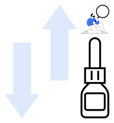 Obraz premium Large up and down arrows, dropper bottle, and man examining closely with a magnifier. Ideal for growth comparison, exploration, analysis, investigation, progress, research simple flat metaphor