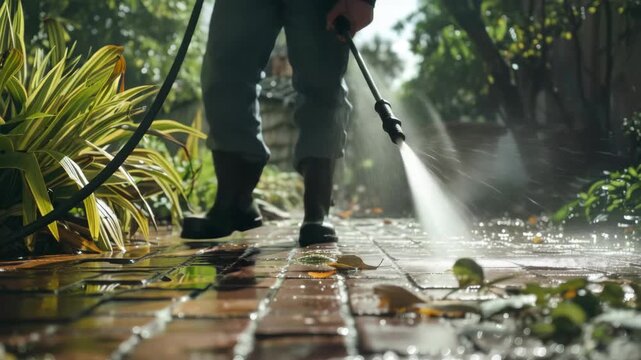Person cleaning garden path with water hose.