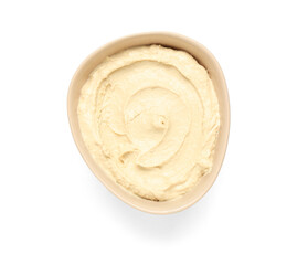 Bowl of delicious hummus on white background