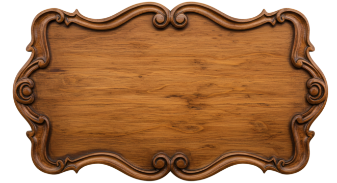 Elegant vintage wooden signboard with ornate carved frame, warm wood tones, baroque details, rustic texture — perfect for classic or decorative design themes.