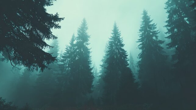 Misty forest with tall evergreen trees in ethereal foggy lighting - Powered by Adobe