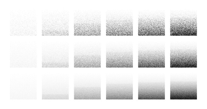 Dot grain stipple noise vector gradient set. Halftone gradient scatter square shape pattern for texture or background overlay.