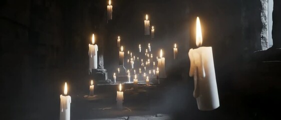 Flickering candles illuminating ancient gothic chamber, haunted ambiance, captured in cinematic low-light focus – perfect for Halloween design and medieval horror settings