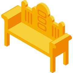 Golden Yellow Ornate Park Bench Rendered in Isometric Style Against a Transparent Background