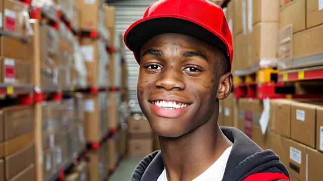 Warehouse Worker's Smile: A young, smiling individual stands confidently amidst a bustling warehouse, exuding professionalism and dedication to his work.