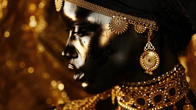 This  captures a striking model adorned with gold jewelry and a black face paint design. The intricate patterns and the bold color contrast create an eye-catching scene.