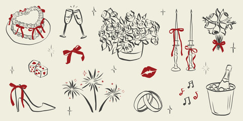 Whimsical coquette wedding elements. Vintage cute symbols with ribbon and bow in simple chalk sketch style. Trendy art for Valentine day and bachelorette party invitations. Doodle vector illustration