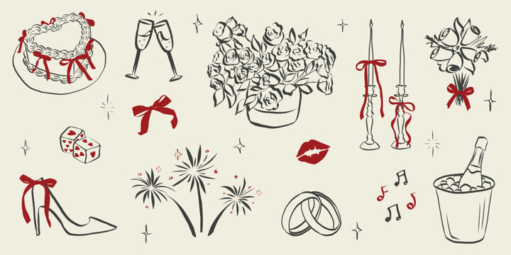 Whimsical coquette wedding elements. Vintage cute symbols with ribbon and bow in simple chalk sketch style. Trendy art for Valentine day and bachelorette party invitations. Doodle vector illustration