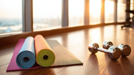 Home gym equipment with yoga mats and dumbbells in bright natural lighting