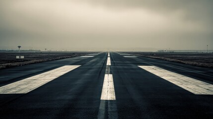 Lonely airport runway under overcast sky with markings and road surface