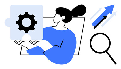 Woman holding gear puzzle piece, growth arrows representing progress, and magnifying glass symbolizing search. Ideal for problem-solving, innovation, strategy, growth, research, analysis simple flat