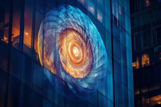 Futuristic digital spiral projection on modern glass building facade