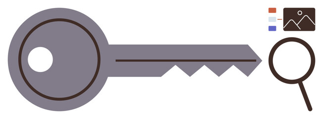 Obraz premium Metal key, magnifier, image gallery with color pallets. Ideal for security, access, search, exploration, data navigation protection solution. Simple flat metaphor