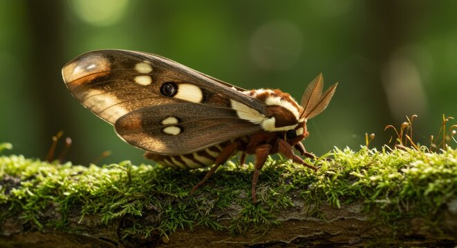 Emperor moth with striking eye-like wing patterns resting on a leaf. Beautiful nocturnal insect showcasing nature’s color and camouflage perfection.