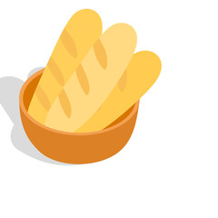 Three Golden Brown Baguettes Resting in an Orange Bowl with a Dark Shadow on a White Background
