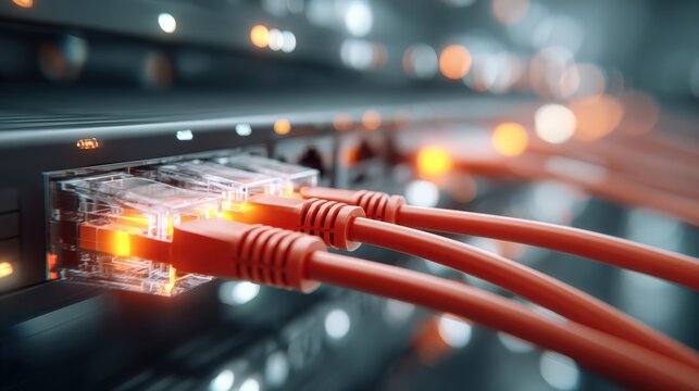 Close up of network cables connected to a server in a data center environment