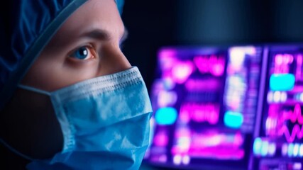 Surgeon woman watching medical monitor in operating room. Healthcare professional analyzing patient data for futuristic medicine. - Powered by Adobe