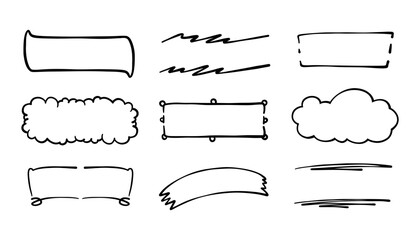 Hand drawn brush stroke banners and frames set. Includes cute doodle labels, rustic ornaments, and highlight shapes. Great for creative text design, quotes, badges, and decorative templates.