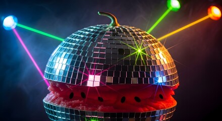 A disco ball atop a watermelon slice, illuminated by colorful laser beams in a dark setting