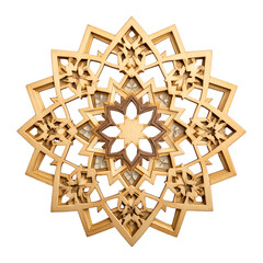 Intricate geometric wooden mandala on black background.