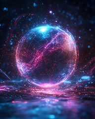 Obraz premium Neon electric orb glowing with vibrant cyberspace energy grid picture