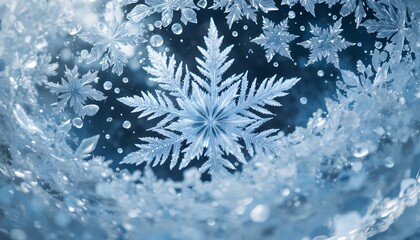 Intricate snowflake design with frost on a blue background  