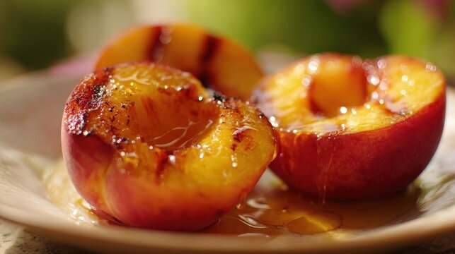 Grilled peaches with sweet syrup arranged on plate - Powered by Adobe