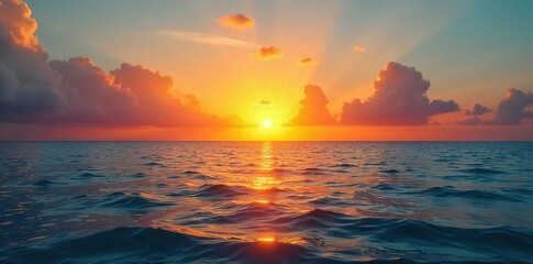 Fototapeta premium Golden Sunset over Tranquil Ocean Serene Evening Seascape, Perfect for Travel and Relaxation