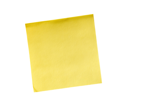 A bright yellow sticky note, square-shaped, on a black background.  The note has a slightly textured surface and a defined edge