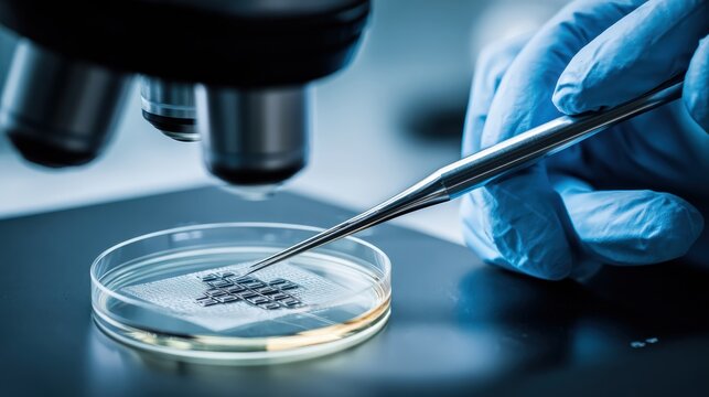 Close up of laboratory research with microscope and petri dish focused on scientific exploration