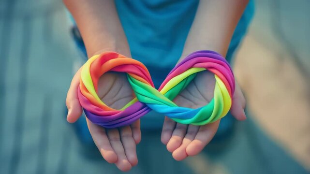 A close-up of a pair of hands gently holding rainbow bracelets twisted into a heart shape.